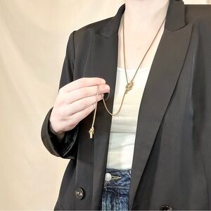 Vintage 1970s Solid Brushed Brass Knot Lariat Necklace w/ Round Snake Chain